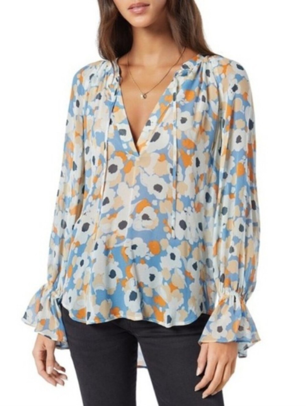 Joie Floral Field Peasant Blouse Size S Gray Blue Orange Tie Neck Pintuck Ruffle